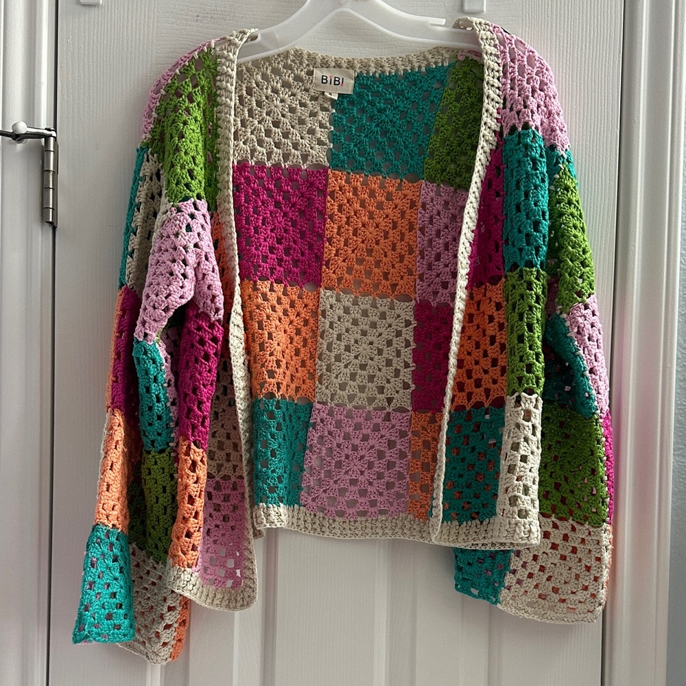 BiBi Checkered Pattern Open Front Cardigan Knit C… - image 2